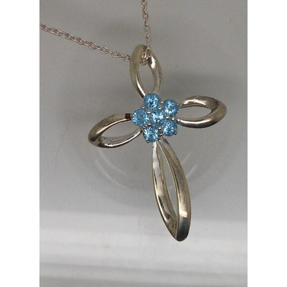 Vintage Sterling Silver Blue Topaz Flower Slide Cross Pendant Necklace Chain - Picture 2 of 10